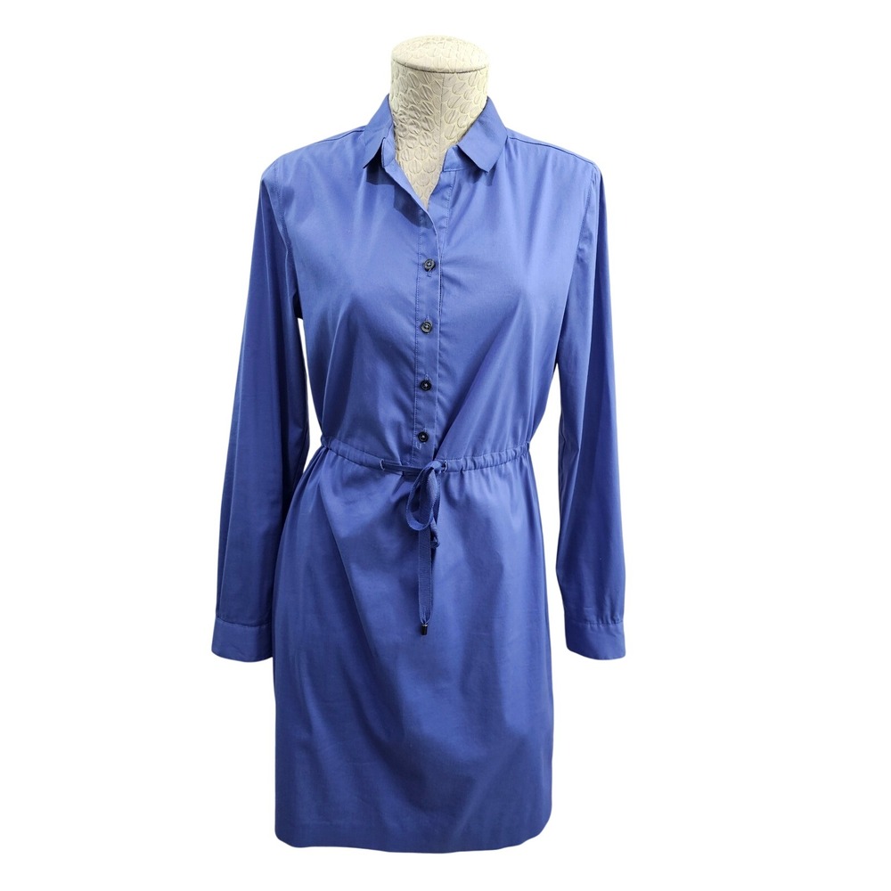 Tahari Shirt Dress Womens 4 Blue Long Sleeve Button Down Drawstring Waist Cotton